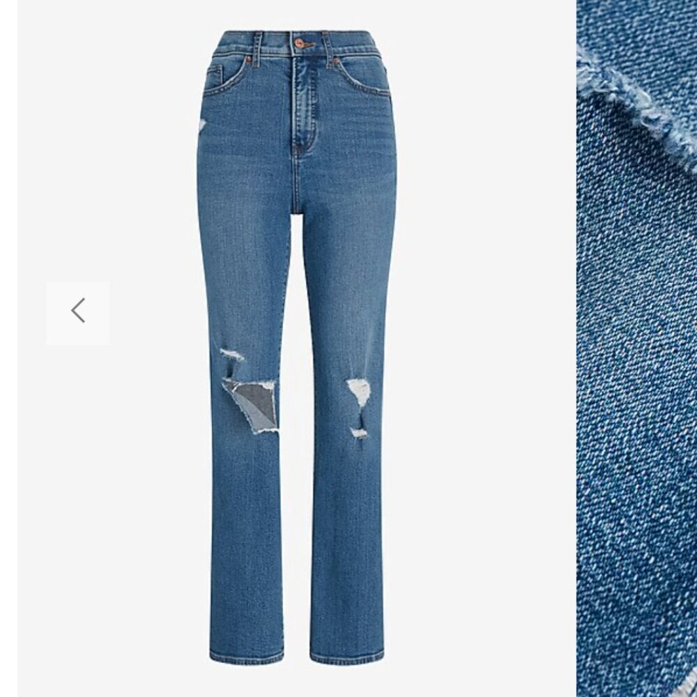 Super High Waisted Medium Wash Ripped Modern Straight Jeans Size 2R